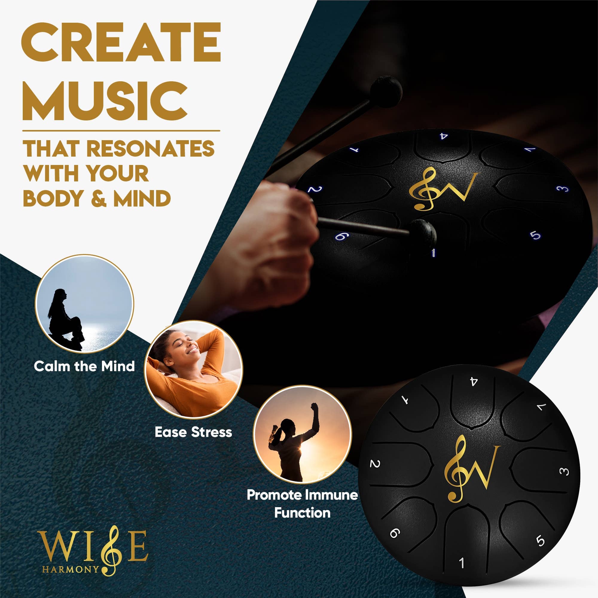 A promotional poster for Wise Harmony's Steel Tongue Drum 6-Inch 8-Notes, emphasizing benefits like calming the mind, easing stress, and promoting immune function through sound healing. The poster showcases images of people in relaxed poses, illustrating the relaxation and wellness achieved through this unique instrument.