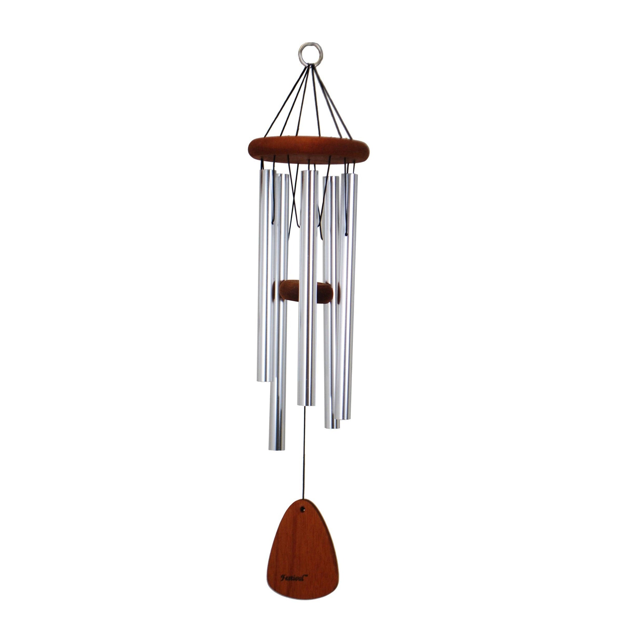 A Festival® 30-inch Windchime made of wood hanging against a serene white background, offering comforting sounds.