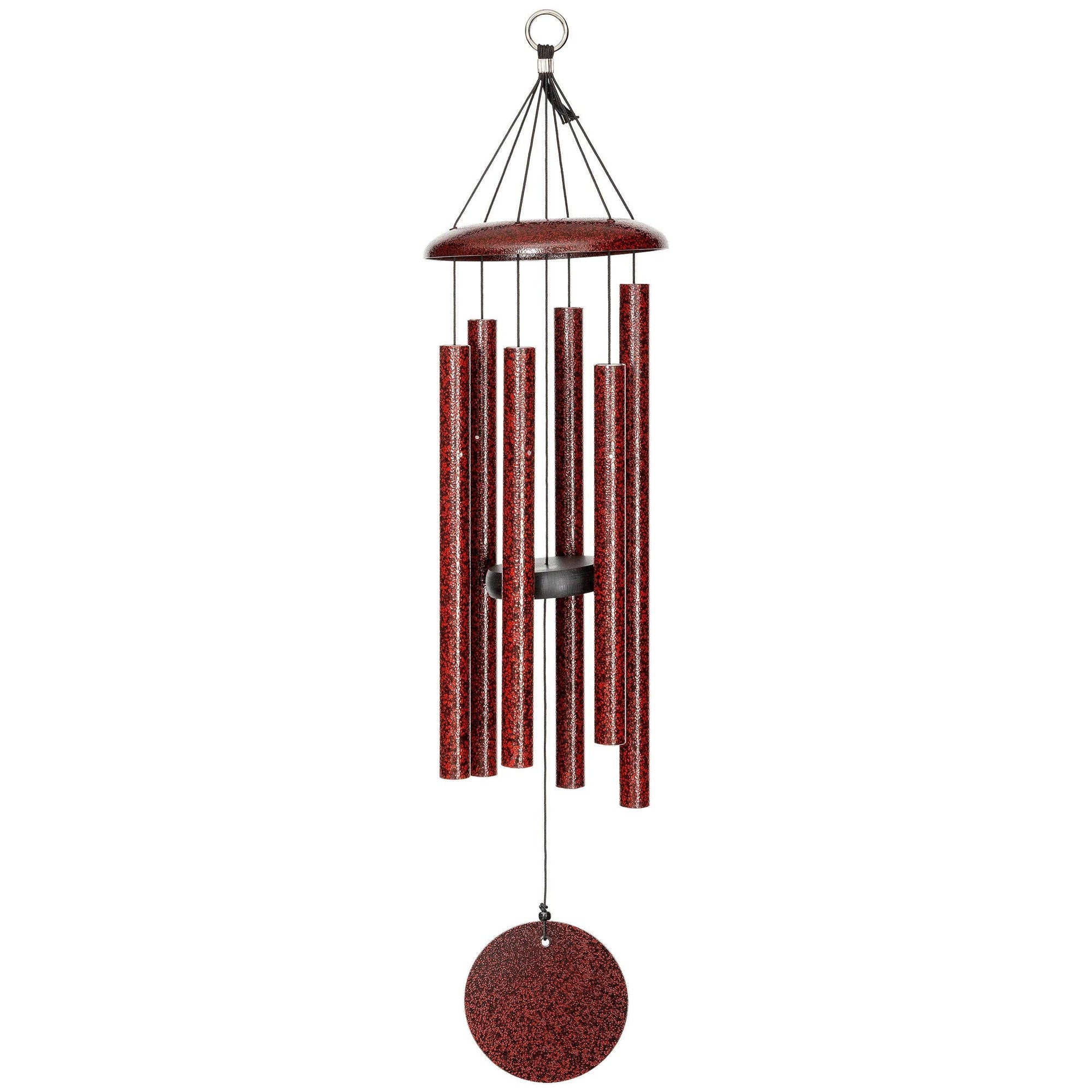 A small red Corinthian Bells® 30-inch Windchime hanging on a white background.