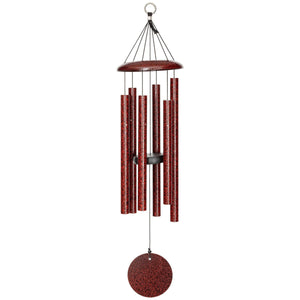 A small red Corinthian Bells® 30-inch Windchime hanging on a white background.