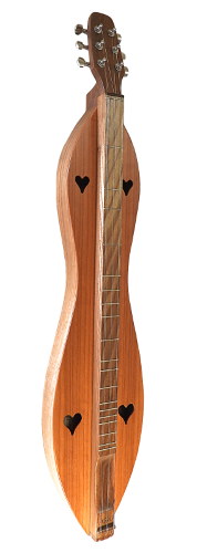 The handcrafted 6FHWR is a wooden stringed dulcimer with an hourglass shape, heart-shaped sound holes, walnut back and sides, and a redwood top.