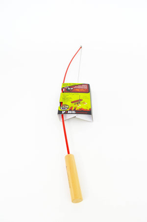The Fire Fishing Pole cat toy features a red flexible wand, a wooden handle, and an attached cardboard label, resembling a mini fishing pole roasting stick for extra fun playtime with your kitty.