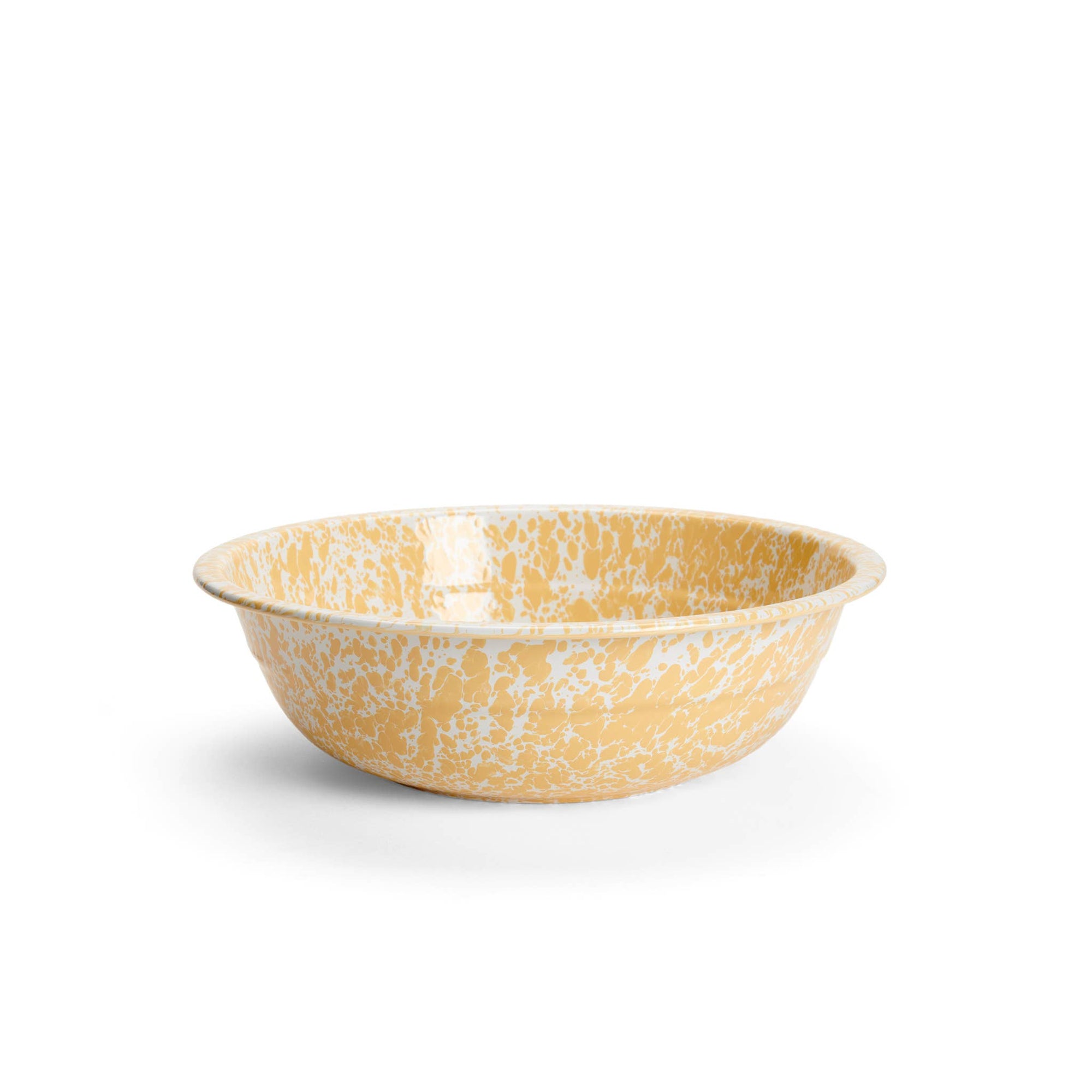 A shallow, yellow Splatterware enameled basin featuring a white speckled pattern on the exterior.