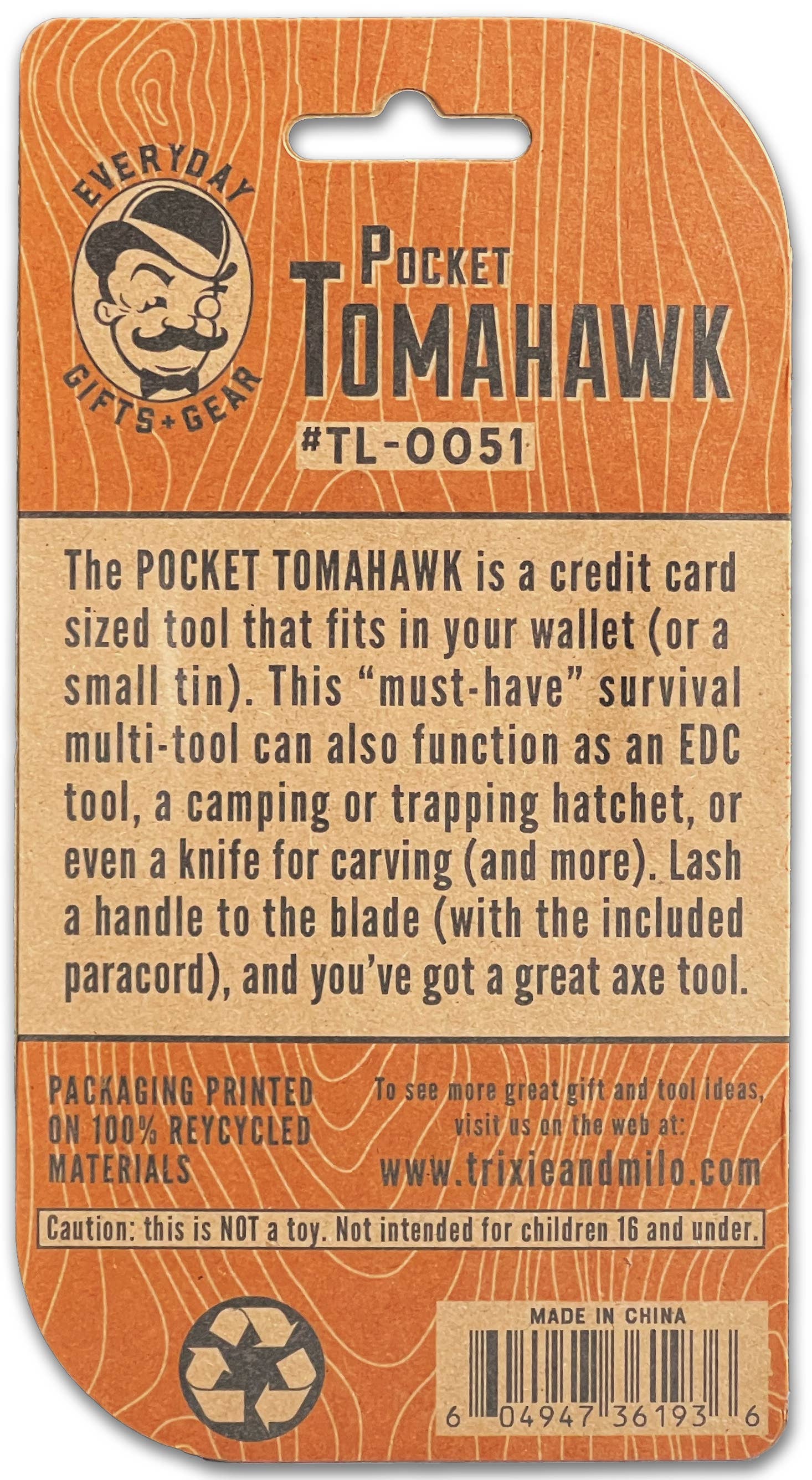 Credit card-sized multi-tool packaging with cartoon and text detailing various functions like a wallet, screwdriver, and knife; labeled "the Pocket Tomahawk Axe Multi-Tool," now including 550 Paracord Rope.