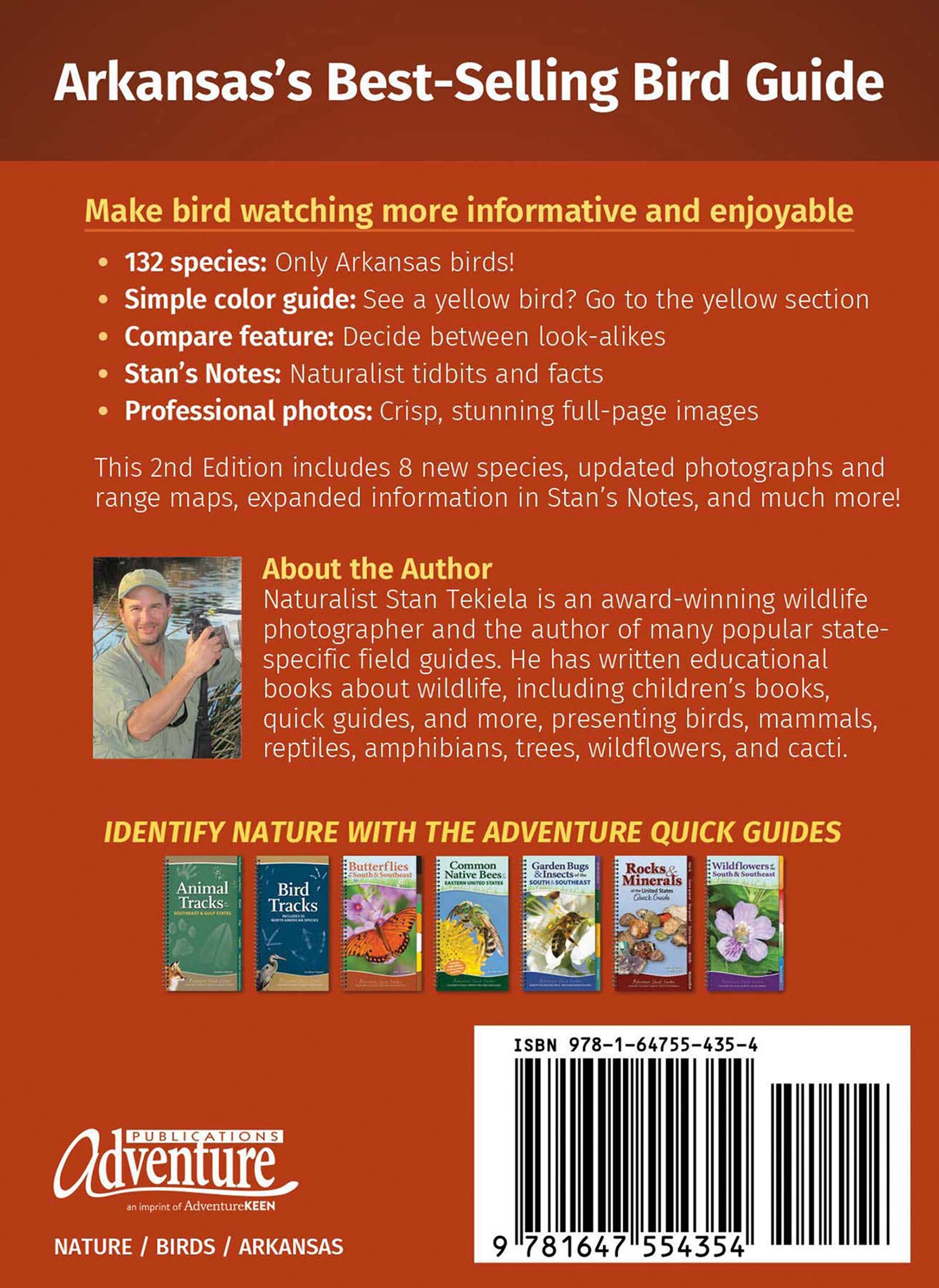 Back cover of the "Birds of Arkansas Field Guide 2nd Ed" featuring text on birdwatching tips, species info, author bio, barcode, and small images of birds and nature at the bottom.