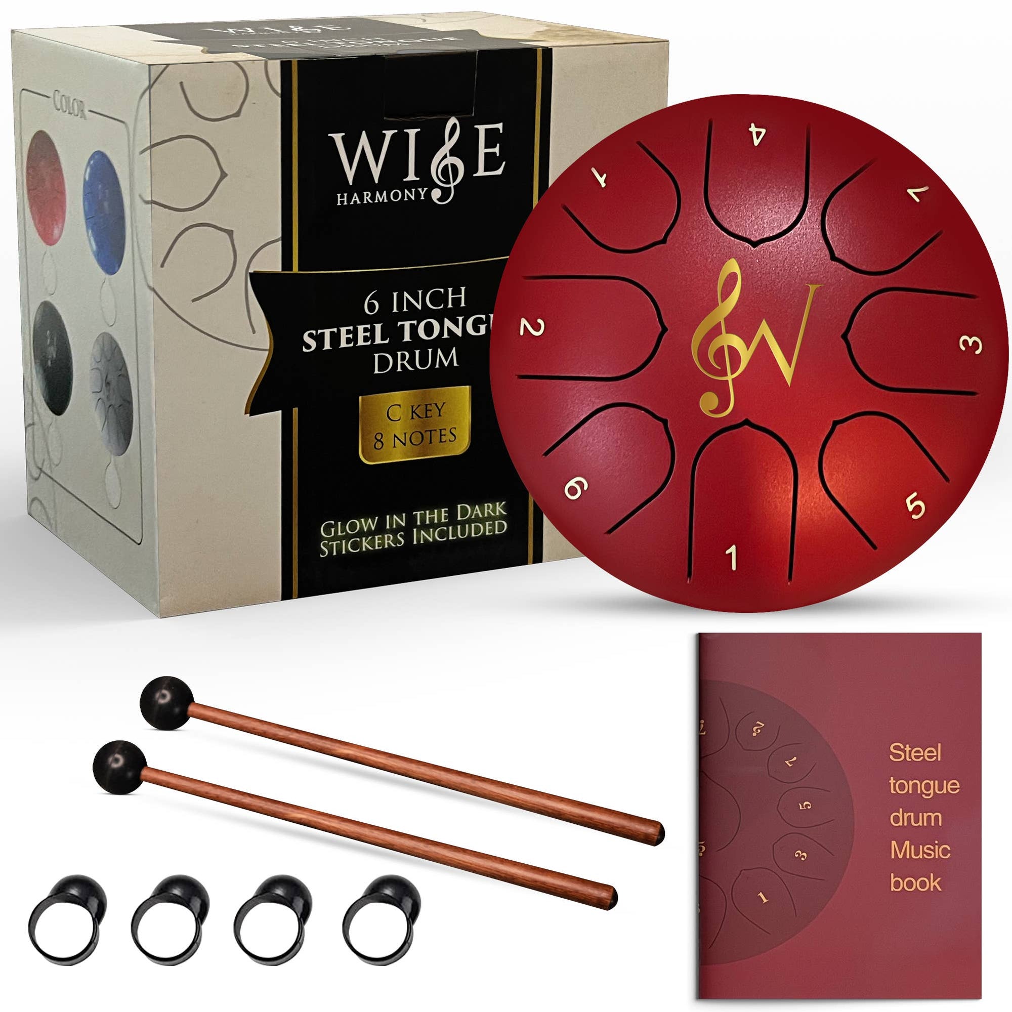 The Steel Tongue Drum 6-Inch 8-Notes in red steel, featuring a musical note design and ideal for relaxation and sound healing, comes boxed with two mallets, three finger picks, and a music book. The package graphics and product details are clearly visible.