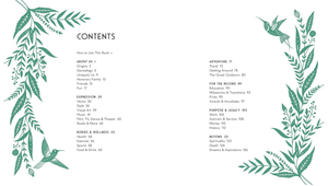 This Family of Ours contents page features two green botanical illustrations and a hummingbird, with section titles and page numbers in black on white—ideal for a guided journal or thoughtful grandparent gift.