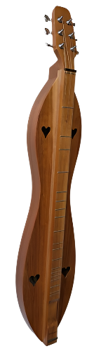 The 6FHCC dulcimer, a handcrafted 6-string with heart-shaped sound holes, steel strings, and cherry top, back, and sides, is showcased against a white textured background.
