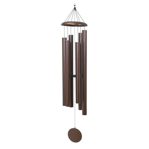 The Corinthian Bells® 65-inch Windchime features five brown metal tubes, a round top, and a circular wind catcher. This large chime delivers deep resonance and soothing tones, perfect for enhancing any outdoor space.