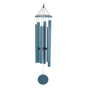 The Corinthian Bells® 60-inch Windchime features a soothing major 7th chord produced by multiple metal tubes hanging from a circular top with a round disk at the bottom, all elegantly finished in blue.