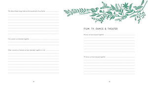 “This Family of Ours” is a family memory book with green floral artwork. Each two-page spread guides you to record family songs, concerts, movies, and TV shows—perfect for grandparents or anyone preserving special memories together.