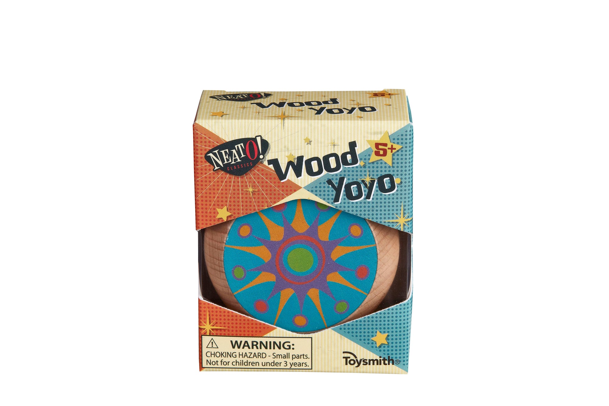 A colorful classic Neato! Wood Yo-Yo in packaging marked with “Neato! Classics wood yo yo,” featuring a vivid blue and orange mandala pattern on its surface. It also displays a choking hazard warning.