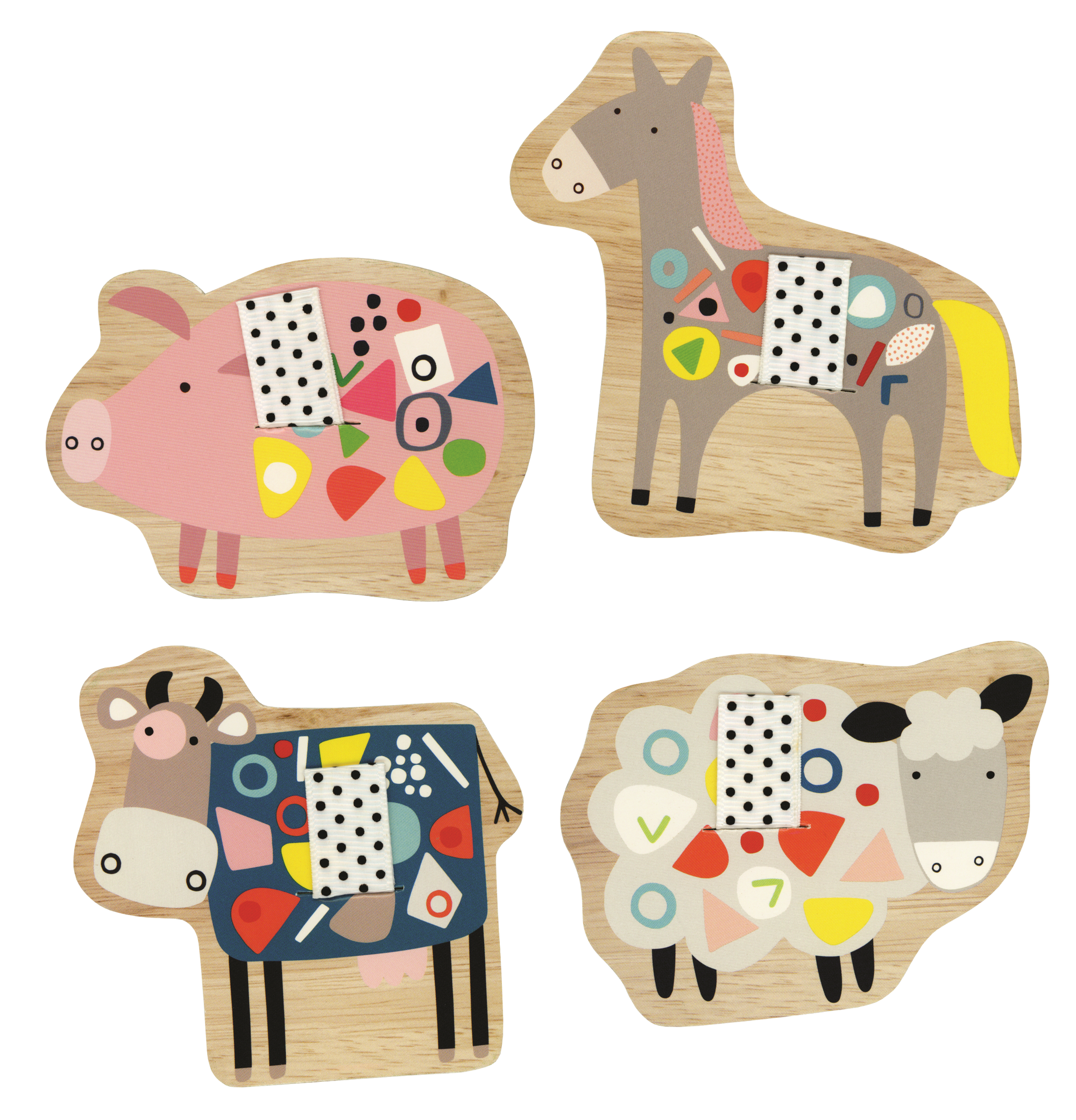 Introducing the Farm, My First Tag Puzzle set: a collection of wooden animal puzzle pieces adorned with vibrant geometric patterns and textures. This delightful farm-themed set includes a pig, horse, cow, and sheep. Perfect for young children, it aids in developing hand-eye coordination and fine motor skills through engaging play.