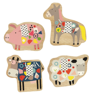 Introducing the Farm, My First Tag Puzzle set: a collection of wooden animal puzzle pieces adorned with vibrant geometric patterns and textures. This delightful farm-themed set includes a pig, horse, cow, and sheep. Perfect for young children, it aids in developing hand-eye coordination and fine motor skills through engaging play.