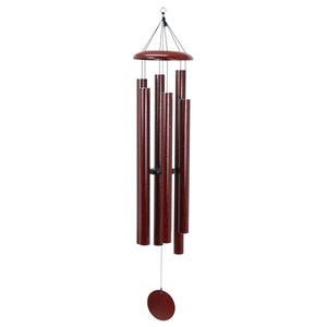 The Corinthian Bells® 65-inch Windchime - Wholesale features five dark red tubes, a round top, and a round wind catcher, providing deep resonance for a soothing outdoor ambiance.