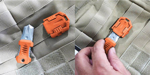 A small orange MOLLE Knife, Orange with a protective cover is shown removed and then being attached to a tan fabric surface, perfect for integrating into your tactical gear.