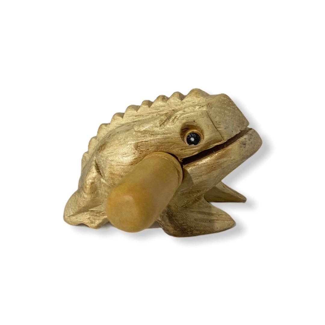 The Natural Wooden Frog is a handmade guiro from Thailand, featuring a ridged back and a striker for creating authentic sounds with quality craftsmanship.