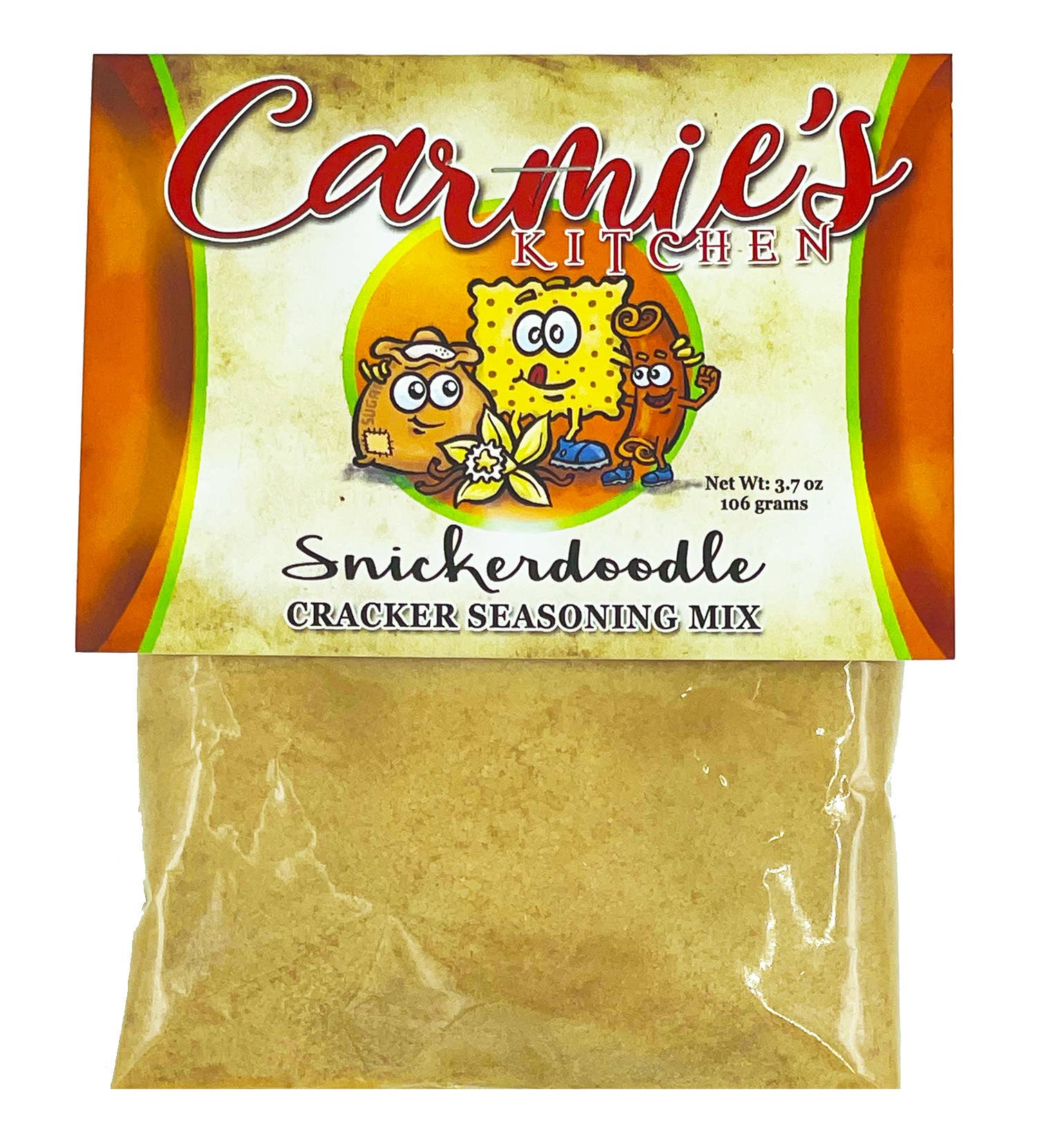 A 3.7 oz bag of Snickerdoodle Cracker Seasoning by Carmie's Kitchen, boasting a colorful label featuring animated crackers and infused with Saigon cinnamon for an authentic snickerdoodle flavor.