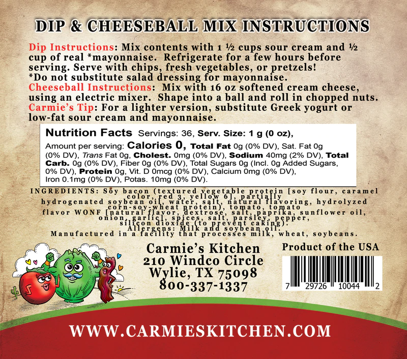 Included in the Carmie's Kitchen BLT Dip Mix package are detailed dip and cheeseball mix instructions, nutrition facts, and an ingredients list. Elevate your snack game by blending our BLT dip mix with sour cream for a deliciously savory treat packed with bacon and tomatoes. Contact information and the manufacturer's address can be found at the bottom of the package.