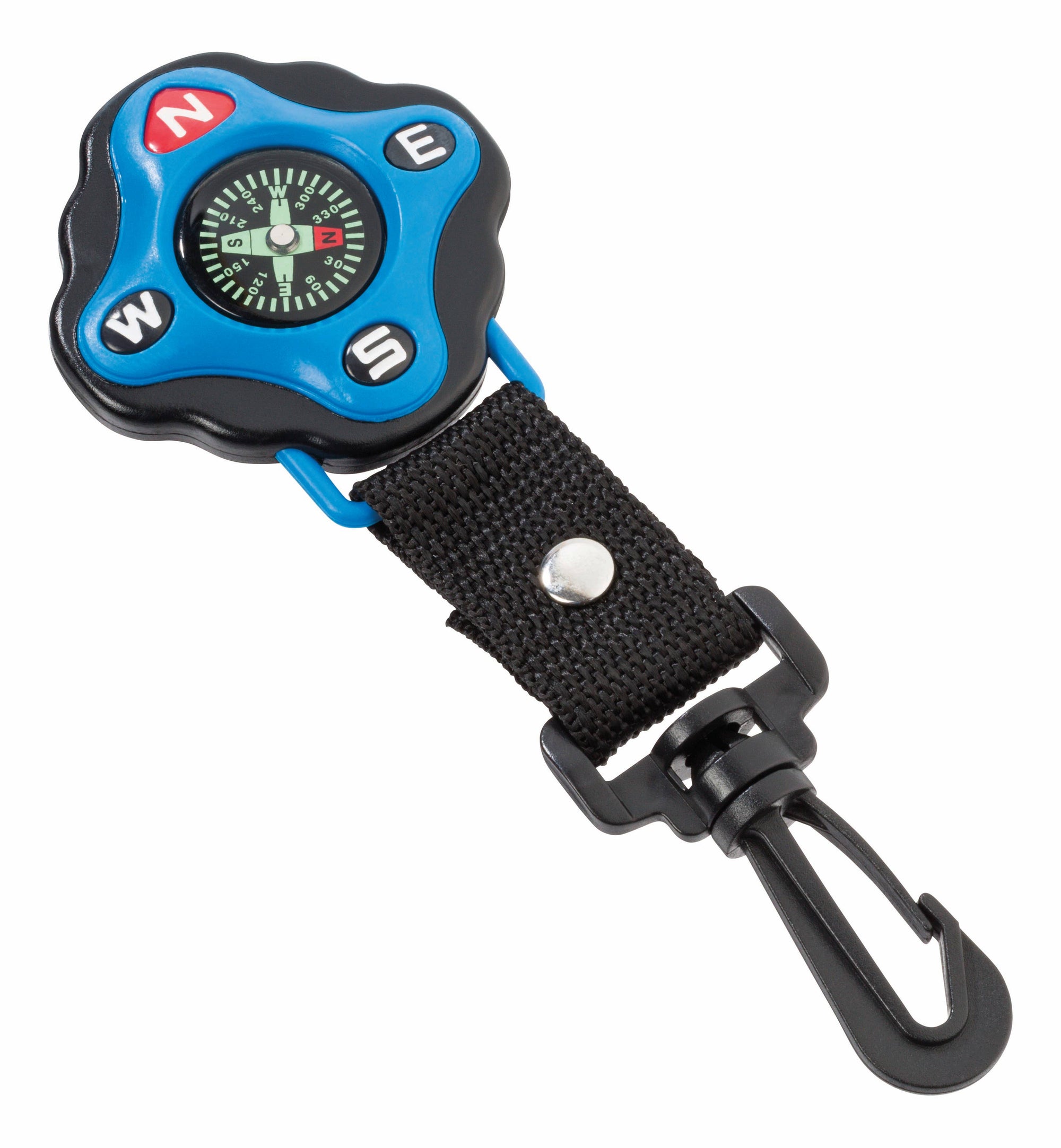 A Outdoor Discovery Backyard Exploration Clip-On Compass with a blue and black casing attached to a carabiner and a black strap, isolated on a white background.