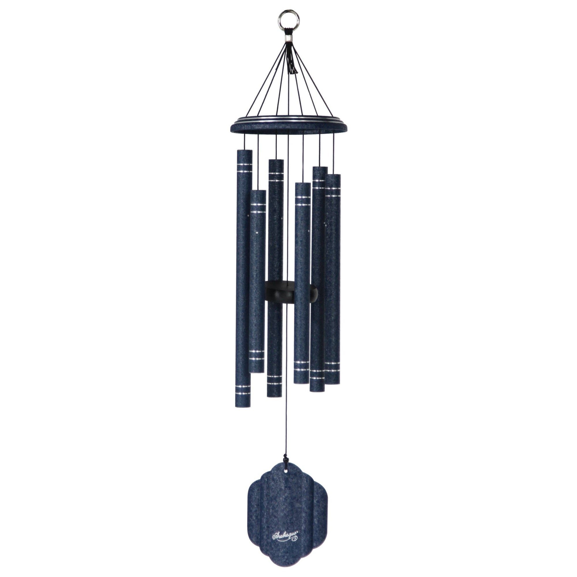 A high-quality 32" Windchime Arabesque® with a blue design hanging on a white background.
