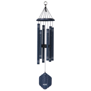 A high-quality 32" Windchime Arabesque® with a blue design hanging on a white background.