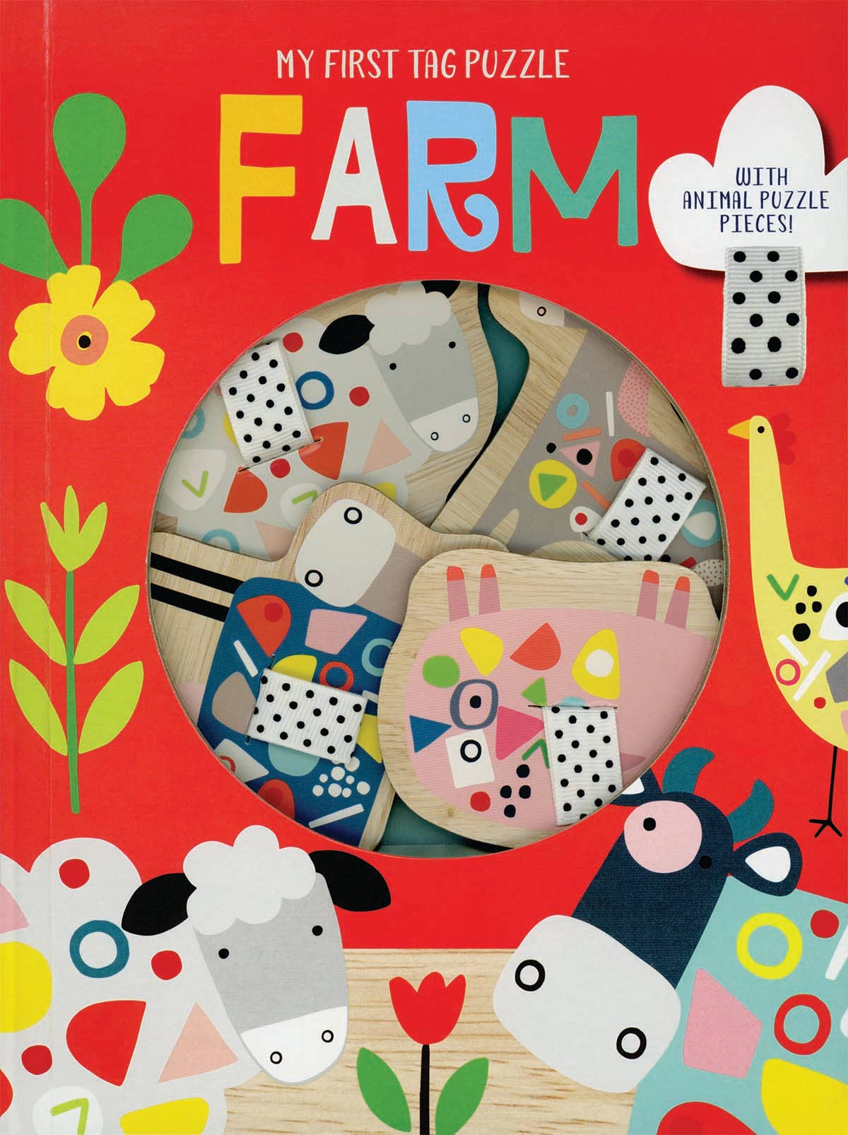 Cover of a children's book titled "Farm, My First Tag Puzzle" featuring colorful farm animal puzzle pieces and illustrations on a bright red background, designed to boost fine motor skills and hand-eye coordination.