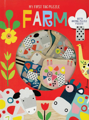 Cover of a children's book titled "Farm, My First Tag Puzzle" featuring colorful farm animal puzzle pieces and illustrations on a bright red background, designed to boost fine motor skills and hand-eye coordination.