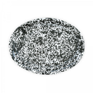 Splatter Enamelware Oval Platter, featuring a bold black and white splatter design, shown from above on a clean white background—ideal for chic entertaining.