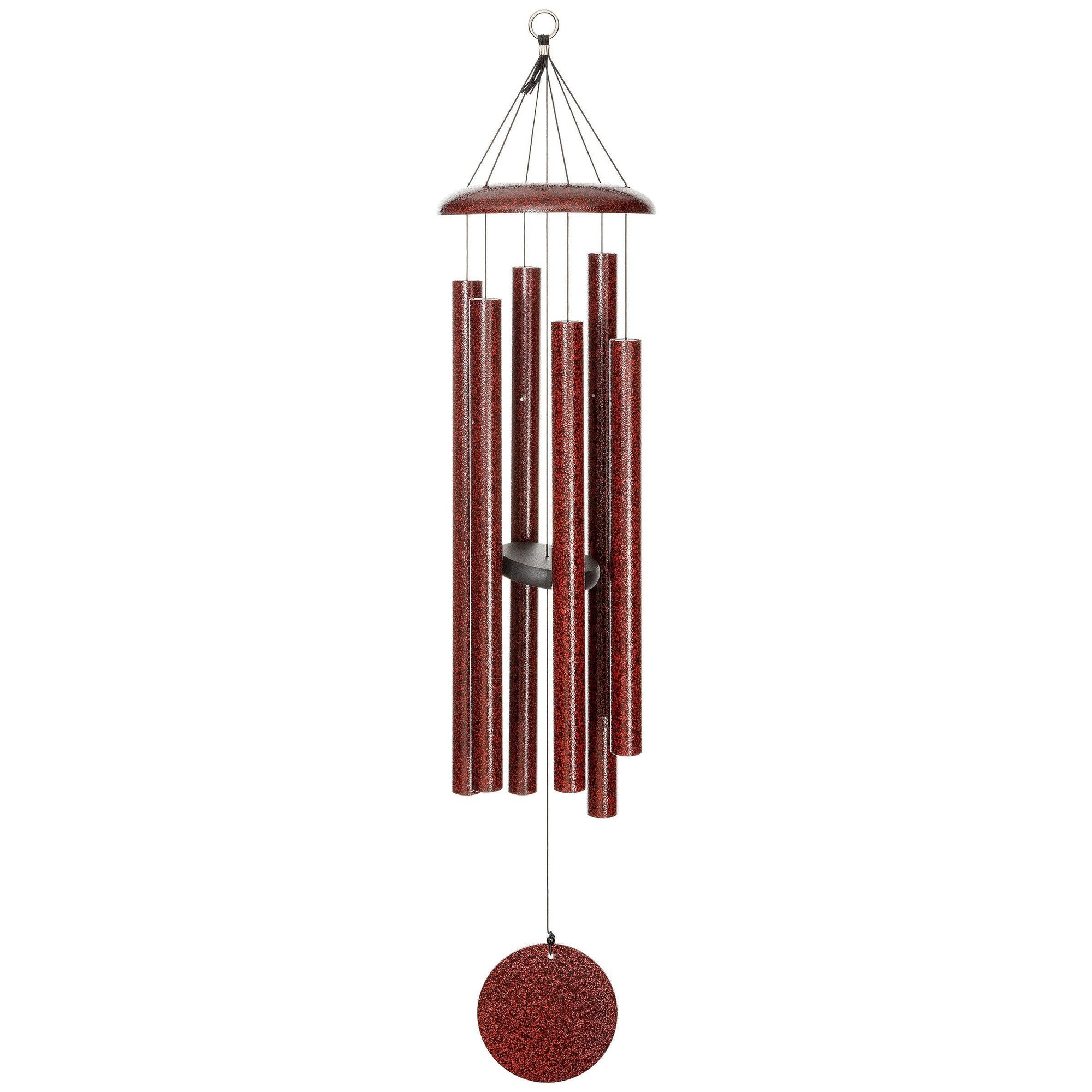 The Corinthian Bells® 44-inch Windchime is a red metallic wind chime with multiple cylindrical tubes hanging from a circular top, featuring a red disc at the bottom and adding a touch of flair.