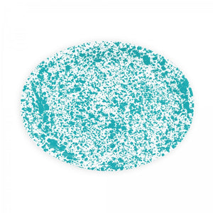Splatter Enamelware Oval Platter featuring a white background with an all-over teal blue splatter pattern, shown from above on a white backdrop—ideal for entertaining.