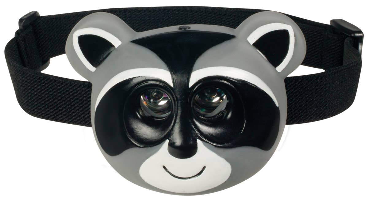 A Outdoor Discovery Critter Head Lamp with large, shiny eyes and an adjustable elastic headband, isolated on a white background.