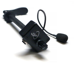 Close-up of a black Myers Quick Mount Petite 6" Pickup - External wearable microphone headset with an adjustable micro gooseneck boom arm and foam windscreen on the mic.