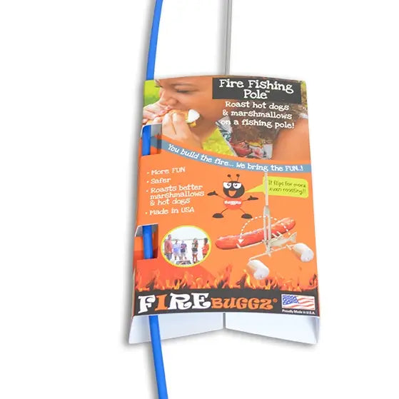 A packaged "fishing pole" with an illustration of a bear using it to roast marshmallows, displayed on a rack.