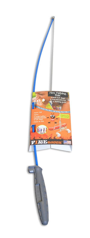 A blue and gray children's Fire Fishing Pole toy comes in packaging with images, instructions, and highlights its fun fishing pole roasting stick design.