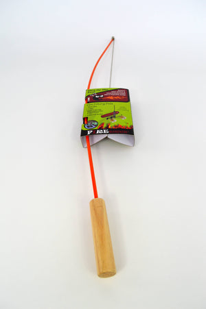 The Fire Fishing Pole is a cat toy featuring a wooden handle, an orange flexible rod, and a green label near the top, resembling a fishing pole roasting stick.