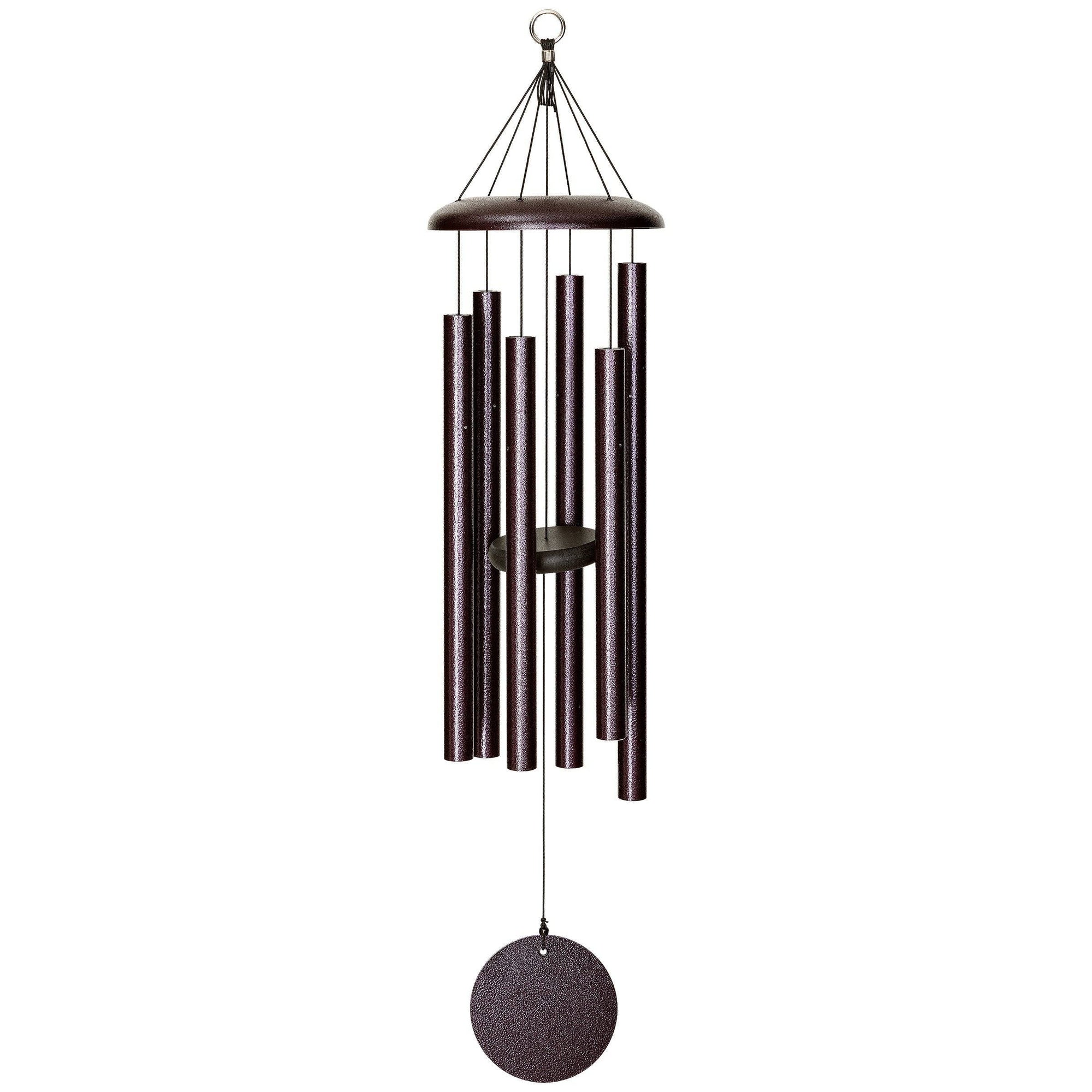 The Corinthian Bells® 36-inch Windchime is a versatile wind chime with cylindrical tubes of varying lengths, hanging from a circular top and a round weight at the bottom, that complements any landscape design. It adds a melodic touch to your outdoor space.