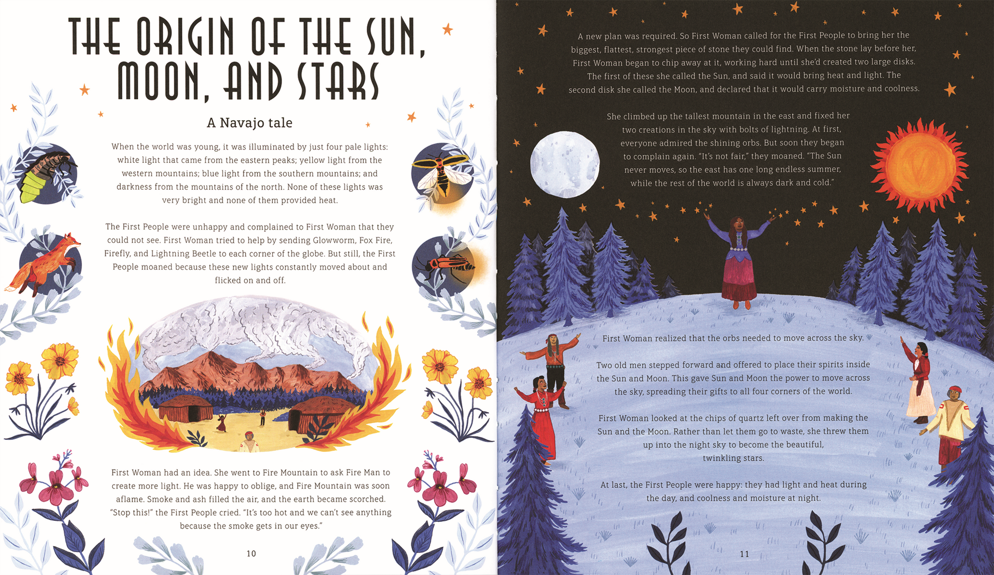 An illustrated page from the children's book titled "Folk Stories and Tall Tales" depicting a nighttime scene with mountains, animals, and people, featuring illustrations and text that celebrate North American stories and cultural heritage.