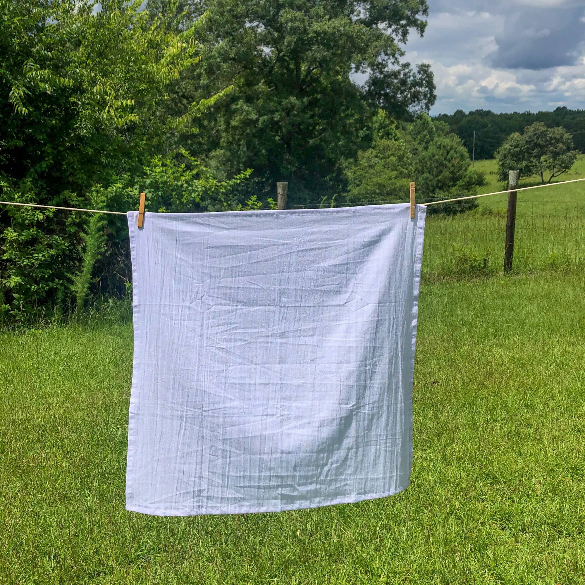 A Y'all Tea Towel, resembling a charming Southern dish towel, is hanging on a clothesline using two wooden pegs. There is a grassy field and trees in the background.