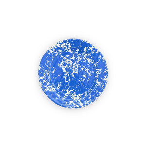 A round Splatter Enamelware Flat Salad Plate with a blue and white splatter pattern and a classic porcelain-like enamel finish, viewed from above on a plain white background.