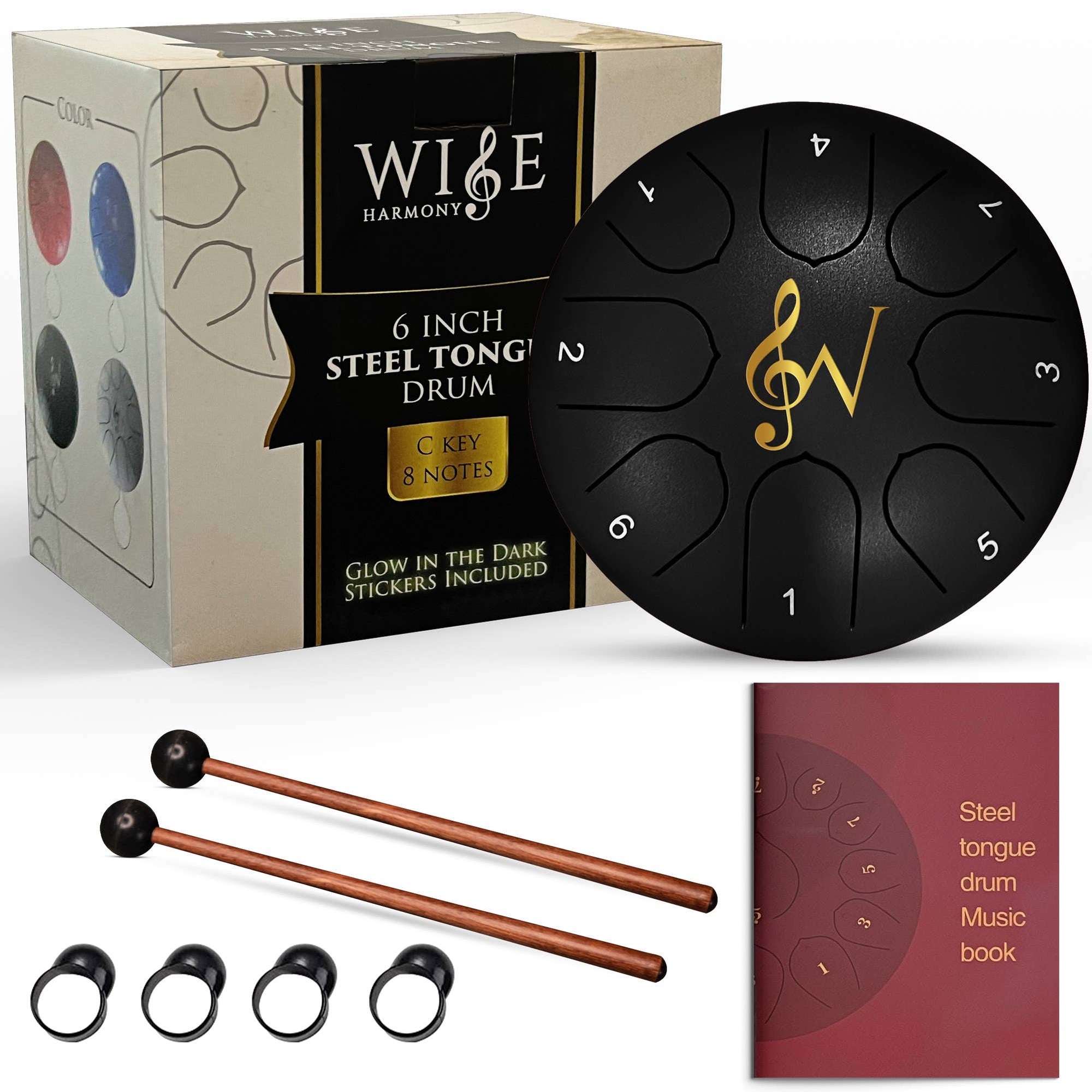 Box containing the Steel Tongue Drum 6-Inch 8-Notes, two mallets, finger picks, and a music book. The drum features eight notes and a treble clef motif, making it perfect for relaxation and sound healing. It includes glow-in-the-dark stickers and is tuned to the key of C.