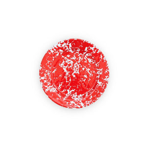 A round Splatter Enamelware Flat Salad Plate with a red and white splatter pattern on a plain white background, featuring a glossy porcelain-like finish.