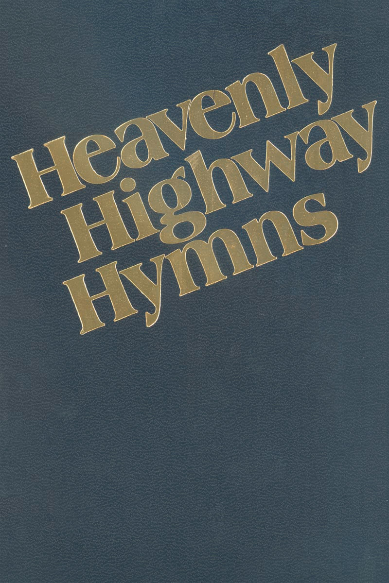 The book cover features gold text "Heavenly Highway Hymns BLUE" against a dark blue background.