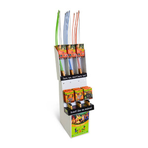 Combo Display - Corrugated featuring colorful marshmallow roasting sticks in a store, with packaging that reads "turn 'em, don't burn 'em" and "roast like an animal", is constructed from a