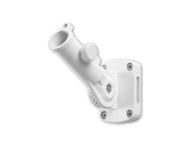 An image of a white wall mount featuring a Studio M Aluminum Flag Pole Bracket with a powder coated finish for enhanced outdoor durability.