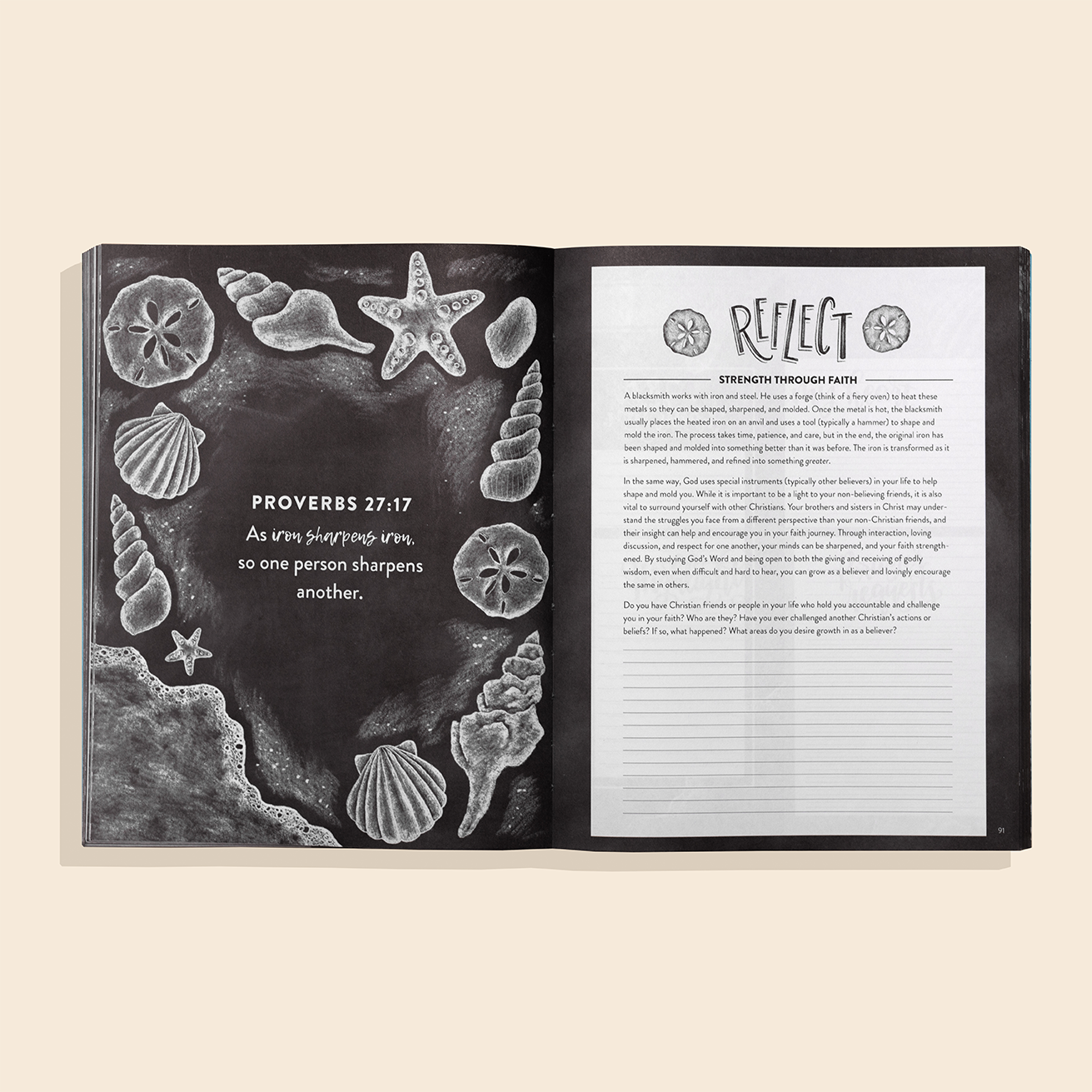 The Prayer Journal for Teen Girls features a chalkboard design and is adorned with seashells.