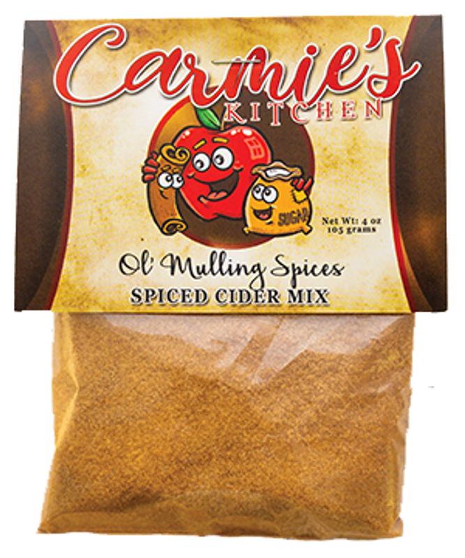 Bag of Carmie's Kitchen Mulling Spices, net weight 4 oz, featuring a decorative label with cartoon fruit characters. Enhanced with Saigon cinnamon, it makes a perfect holiday gift or delightful beverage addition.