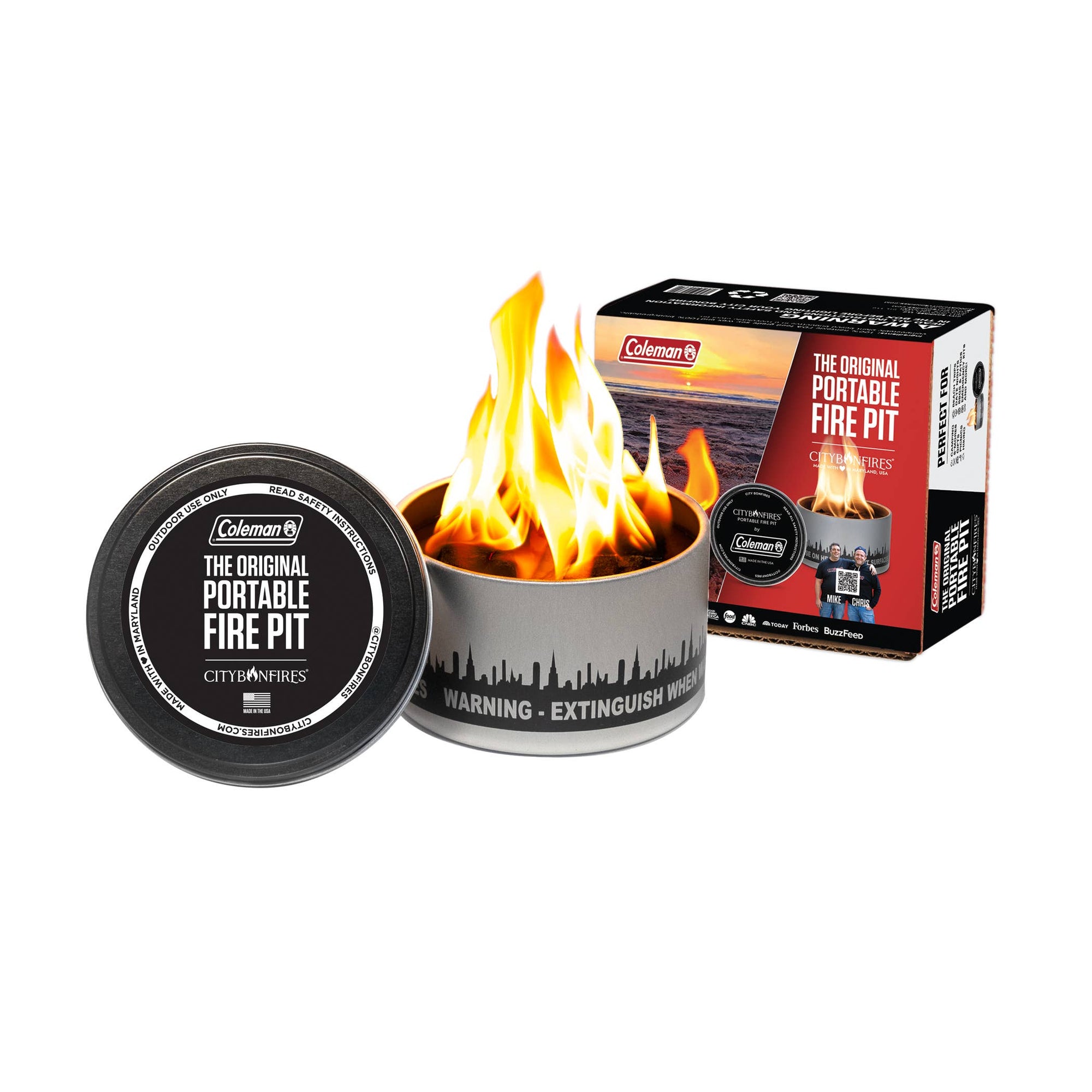 An eco-friendly Mini Portable Fire Pit - City Bonfires® by Coleman® in use with flames visible, alongside its packaging and a closed tin of fire pit cylinders.