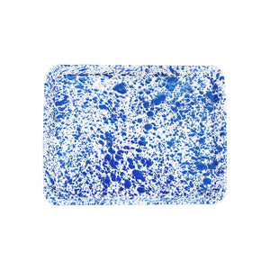 Splatter Enamelware Large Rectangle/Jelly Roll Tray featuring a white base with a blue splatter pattern, shown from above against a white background.