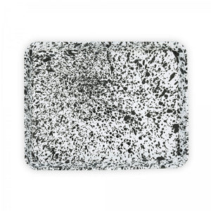 Splatter Enamelware Large Rectangle/Jelly Roll Tray featuring a classic black and white splatter pattern on a white background with an enamelware finish.